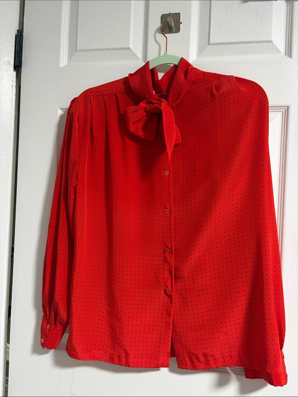 Claiborne Red Tie-Neck Blouse with Tiny Dot Print